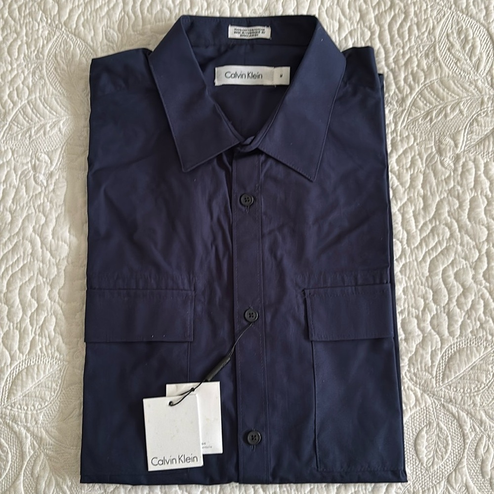 NEW! Calvin Klein Navy Cotton Long-sleeve Shirt with Classic Collar
